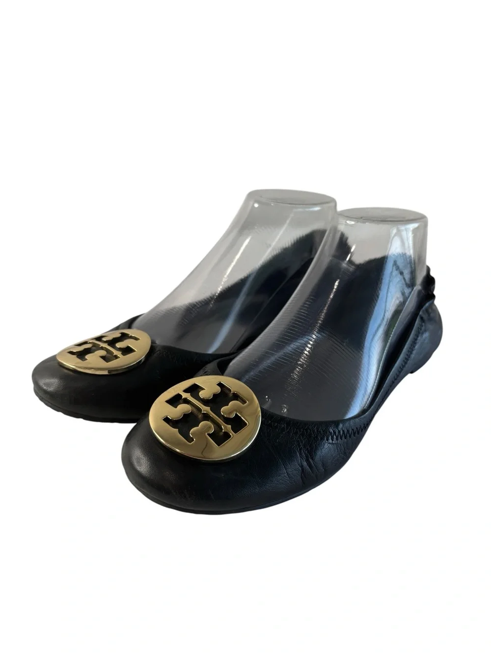 Tory Burch Minnie Leather Ballet Flats Womens Shoe Size 8 Black Travel Gold Logo